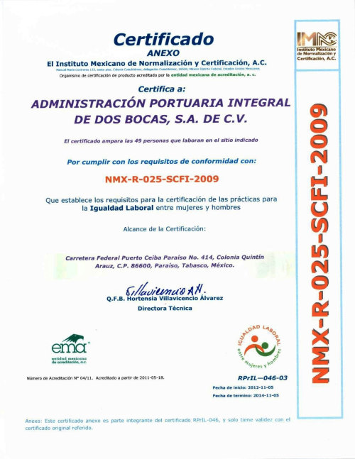 El puerto de Dos Bocas se certifica bajo la norma de igualdad laboral
